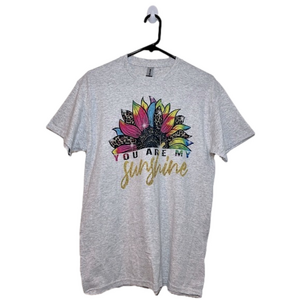 GILDAN Light Gray “You are my sunshine” Rainbow & Leopard Print Floral T-Shirt